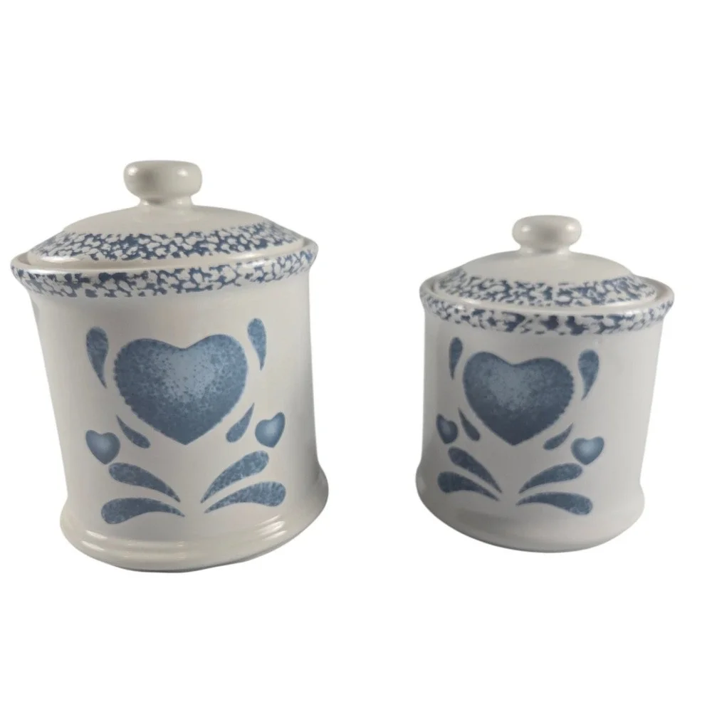 Vintagev Kitchen Canister Set 2pc Blue White Heart Ceramic Cottagecore Farmhouse